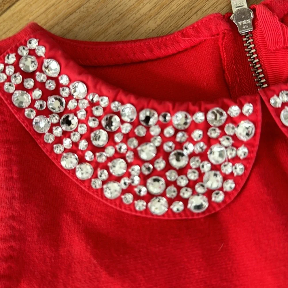 Crew cut, red sleeveless, cotton, embellished collar holiday dress. Sz 8